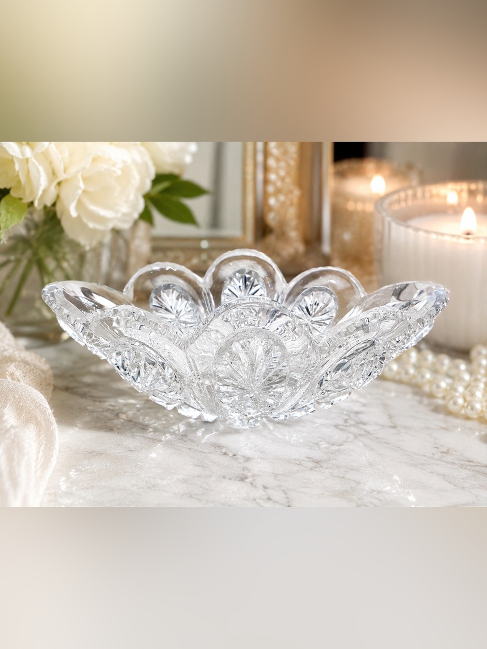 Vintage Hand Cut Crystal Bonbon Boat Dish Oval Starburst Fan Candy Trinket Bowl